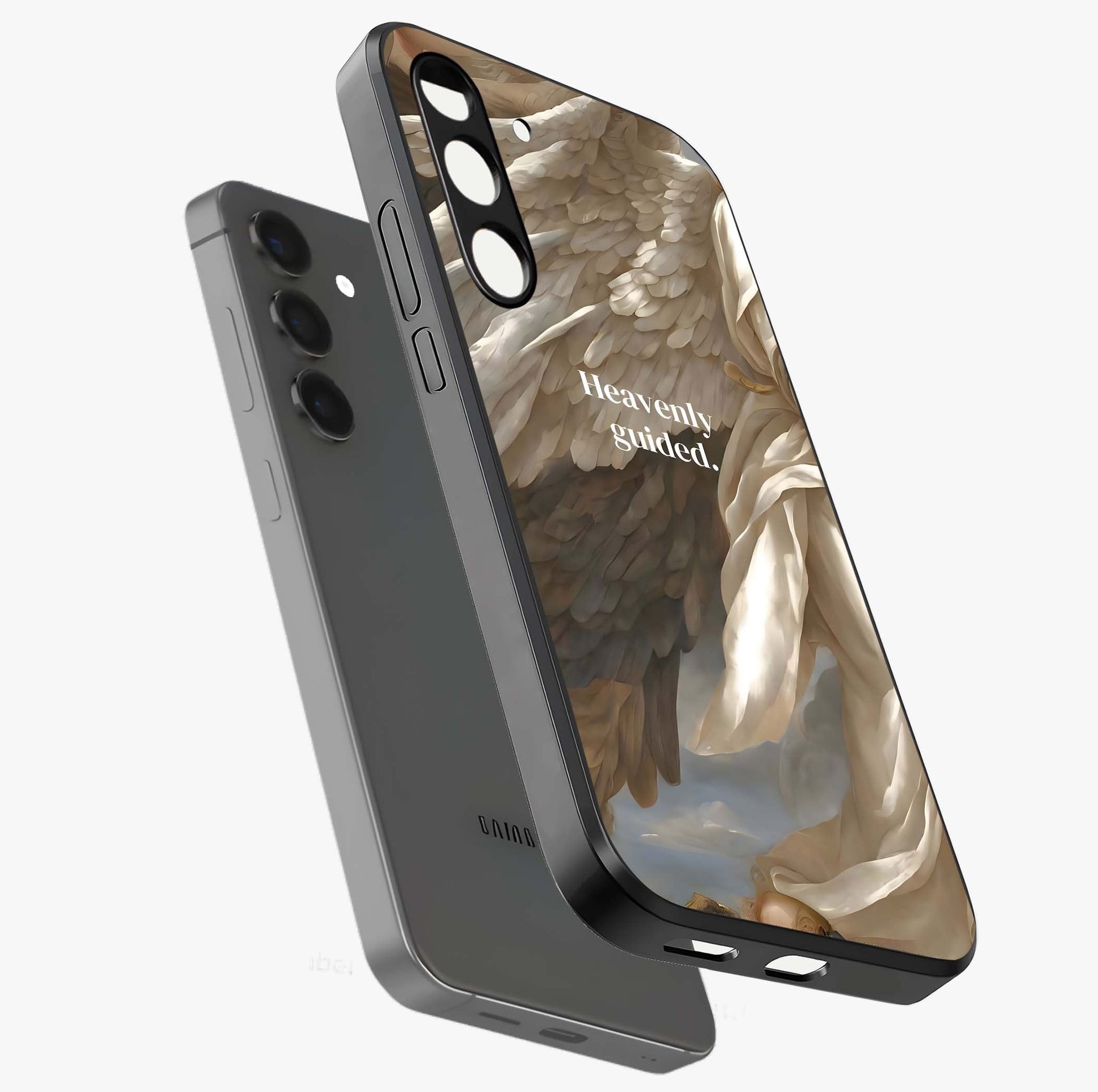 Divine Winged Grace Glass Case displayed in angled mockup highlighting graceful wing design with divine aesthetic style.