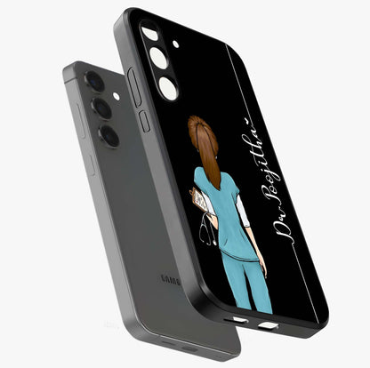 Doctor Pattern Custom Name Glass Case displayed in angled mockup highlighting doctor inspired artwork with custom name feature.