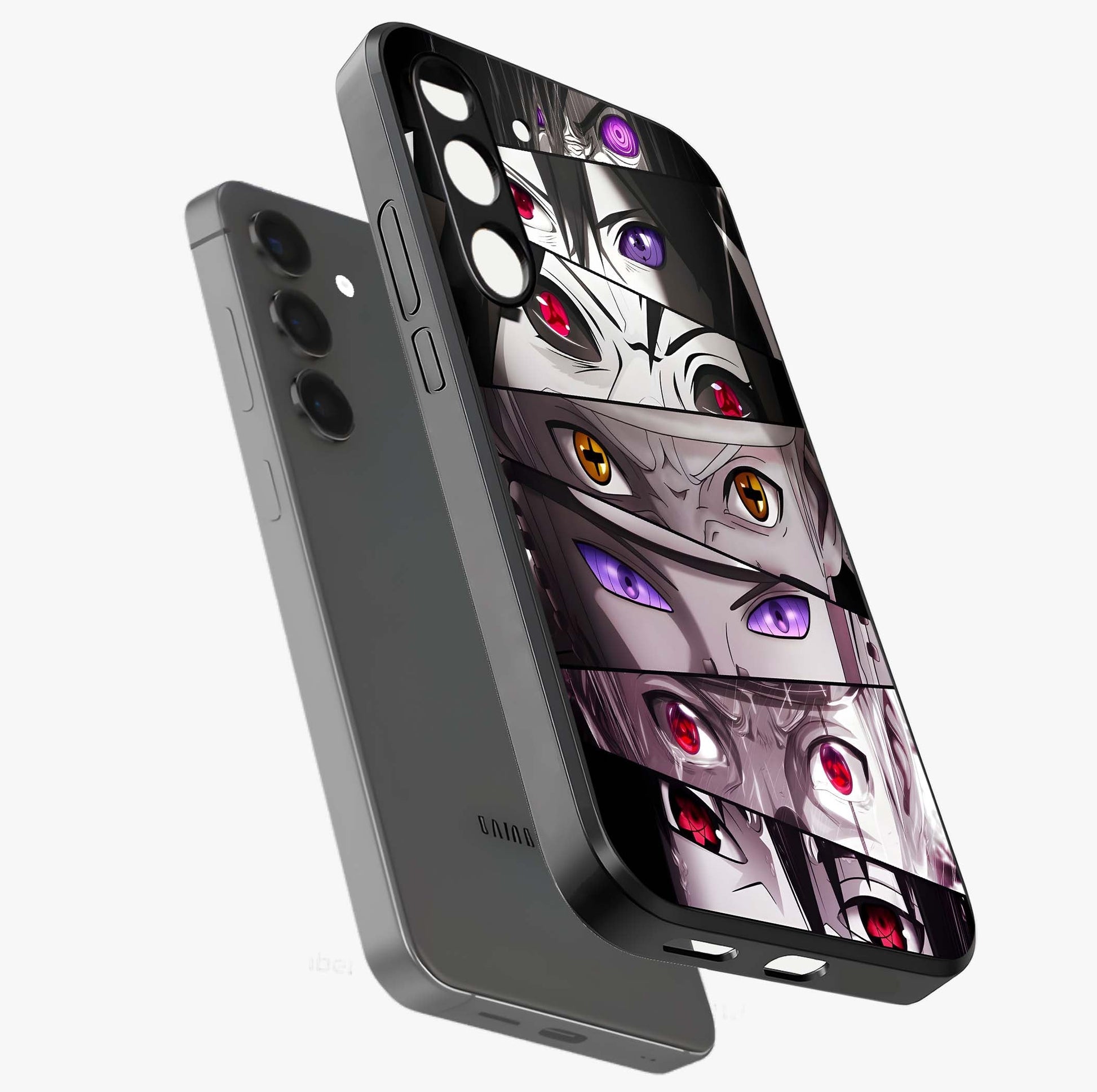 Eyes of Destiny Glass Case displayed in angled mockup highlighting bold eye illustration with mystical aesthetic style.