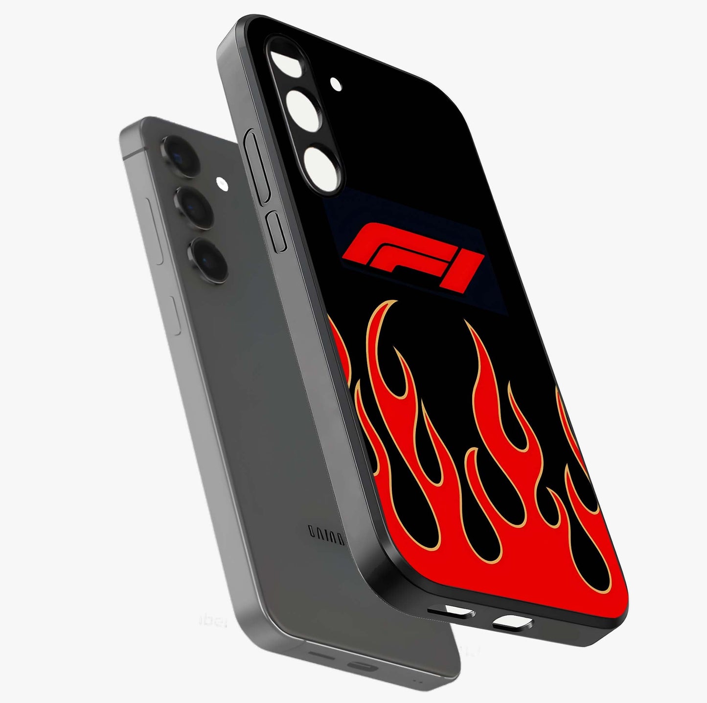 Fire F11 Glass Case displayed in angled mockup highlighting bold fire inspired graphic with energetic aesthetic style.