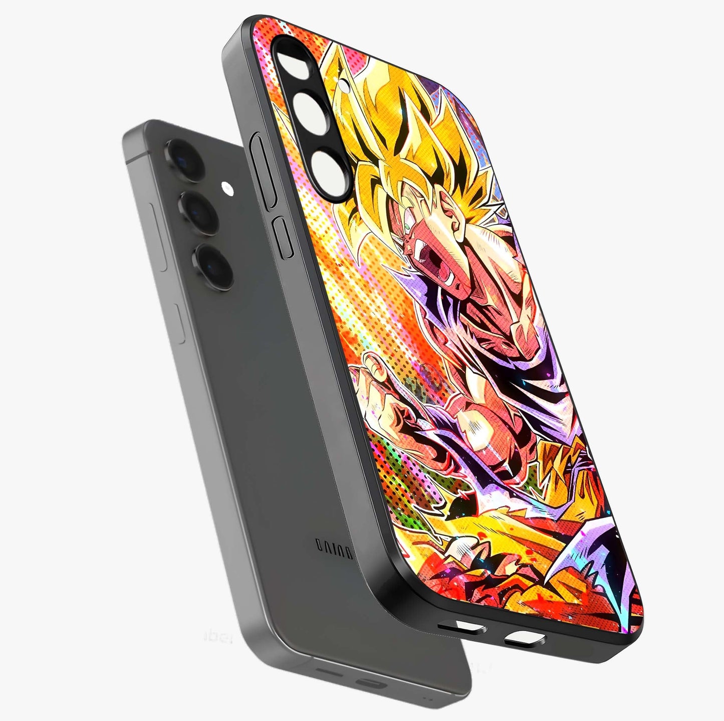 Firing Goku Glass Case displayed in angled mockup highlighting dynamic anime character design with action aesthetic.