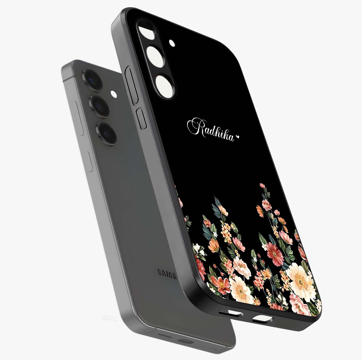 Floral Design With a Custom Personalized Name Glass Case displayed in angled mockup highlighting elegant floral pattern with custom name feature.