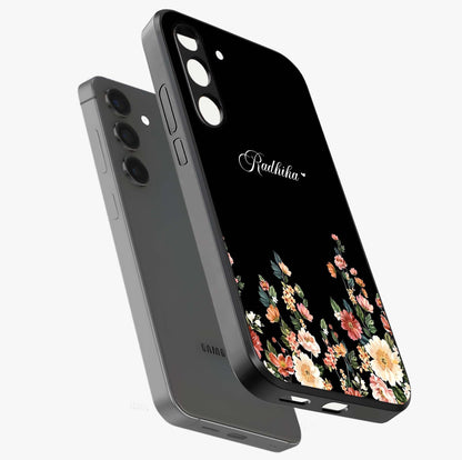 Floral Design With a Custom Personalized Name Glass Case displayed in angled mockup highlighting elegant floral pattern with custom name feature.