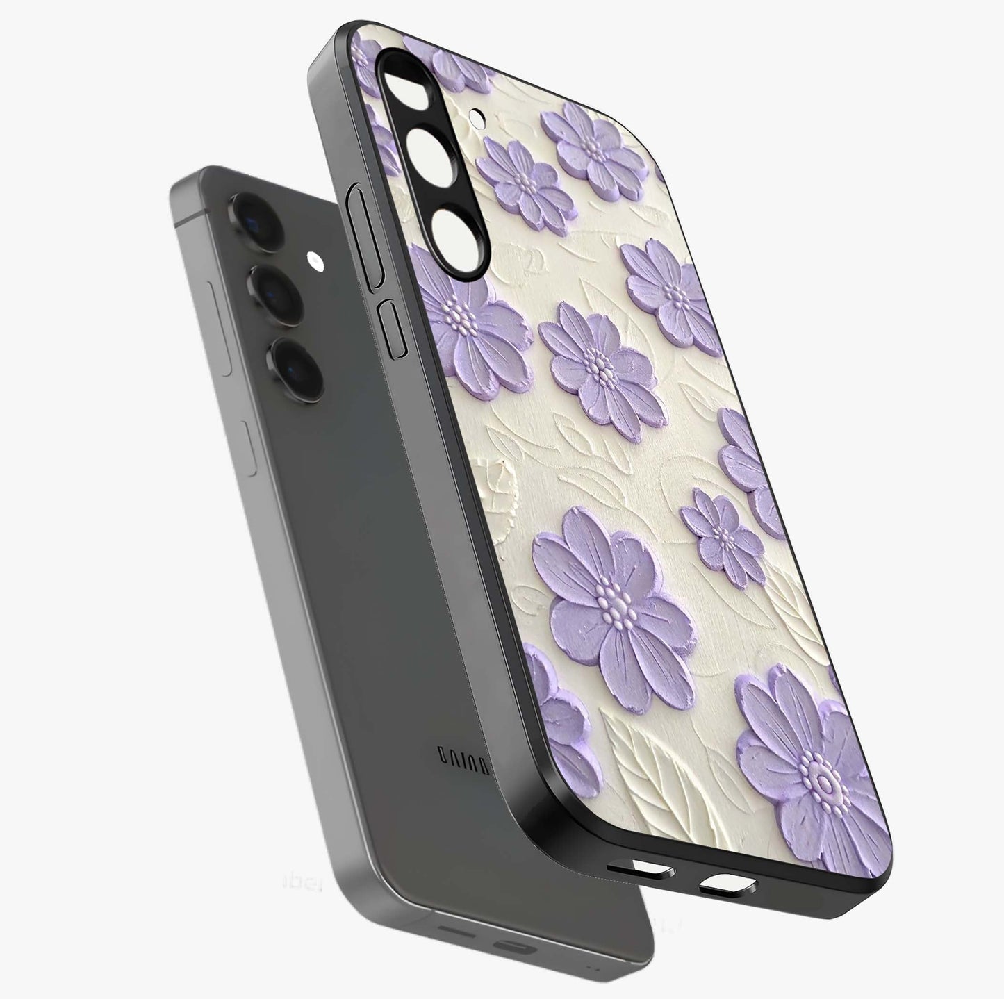 Floral Wall Art With Purple Flowers Glass Case displayed in angled mockup highlighting vibrant purple floral illustration with artistic aesthetic.