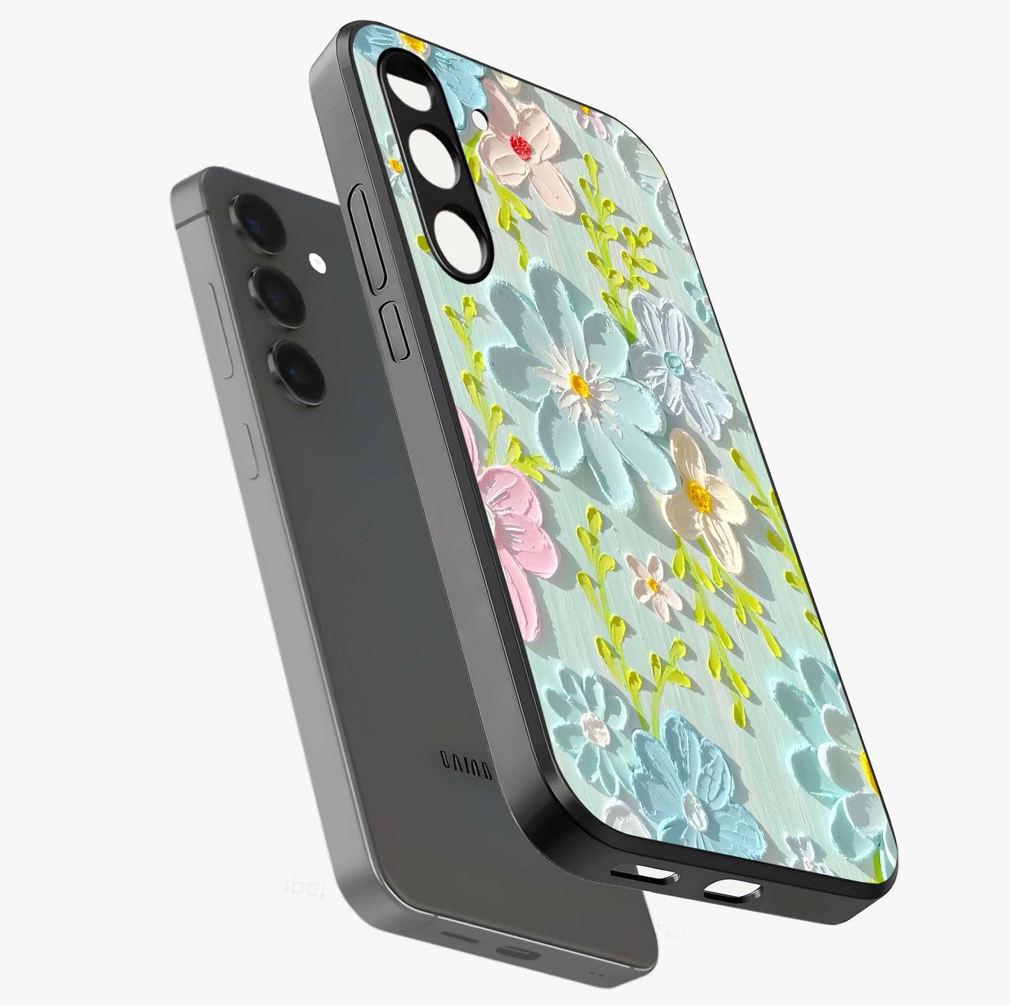 Frosted Petal Garden Glass Case displayed in angled mockup highlighting delicate flower petal design with calm garden aesthetic.