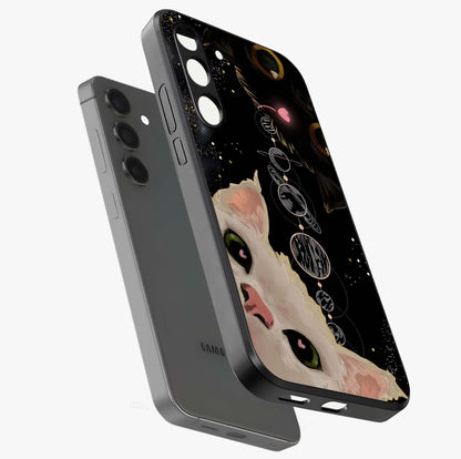 Galactic Cat Glass Case displayed in angled mockup highlighting celestial feline illustration with galaxy aesthetic style.
