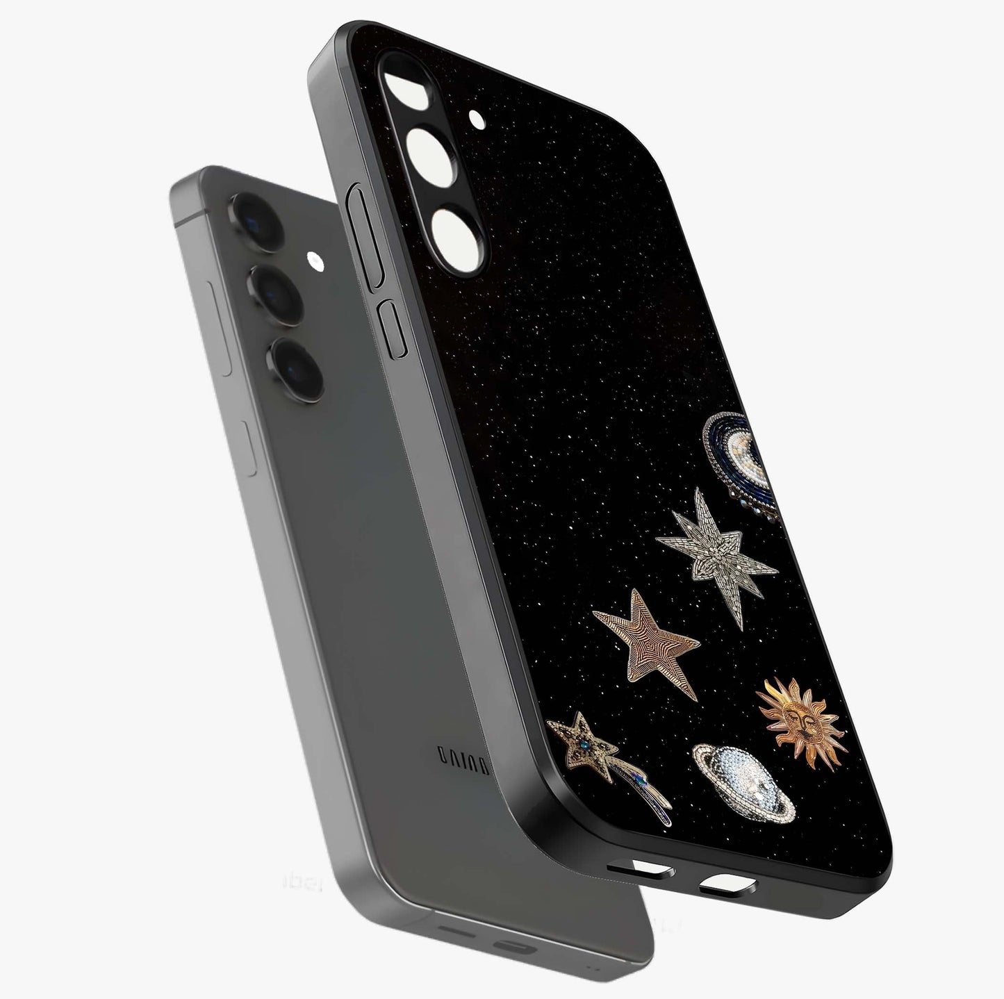 Galactic Charm Glow Glass Case displayed in angled mockup highlighting luminous galaxy inspired design with dreamy aesthetic.