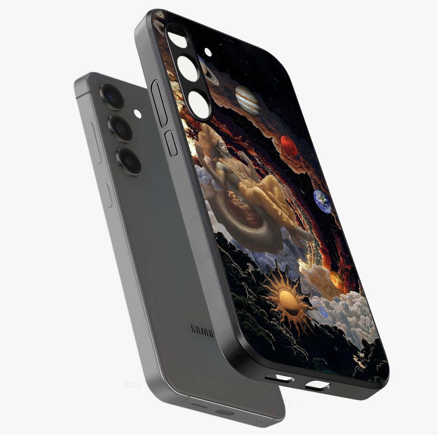 Galactic Divine God Glass Case displayed in angled mockup highlighting powerful celestial deity illustration with galactic aesthetic.