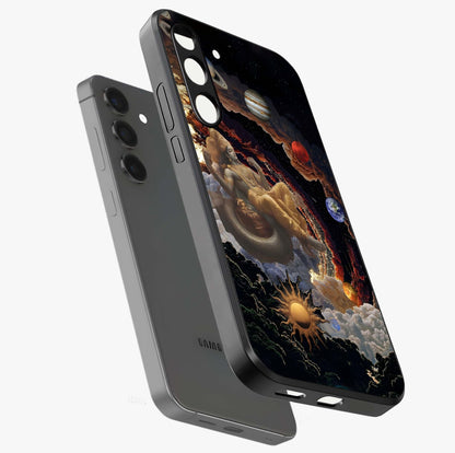 Galactic Divine God Glass Case displayed in angled mockup highlighting powerful celestial deity illustration with galactic aesthetic.