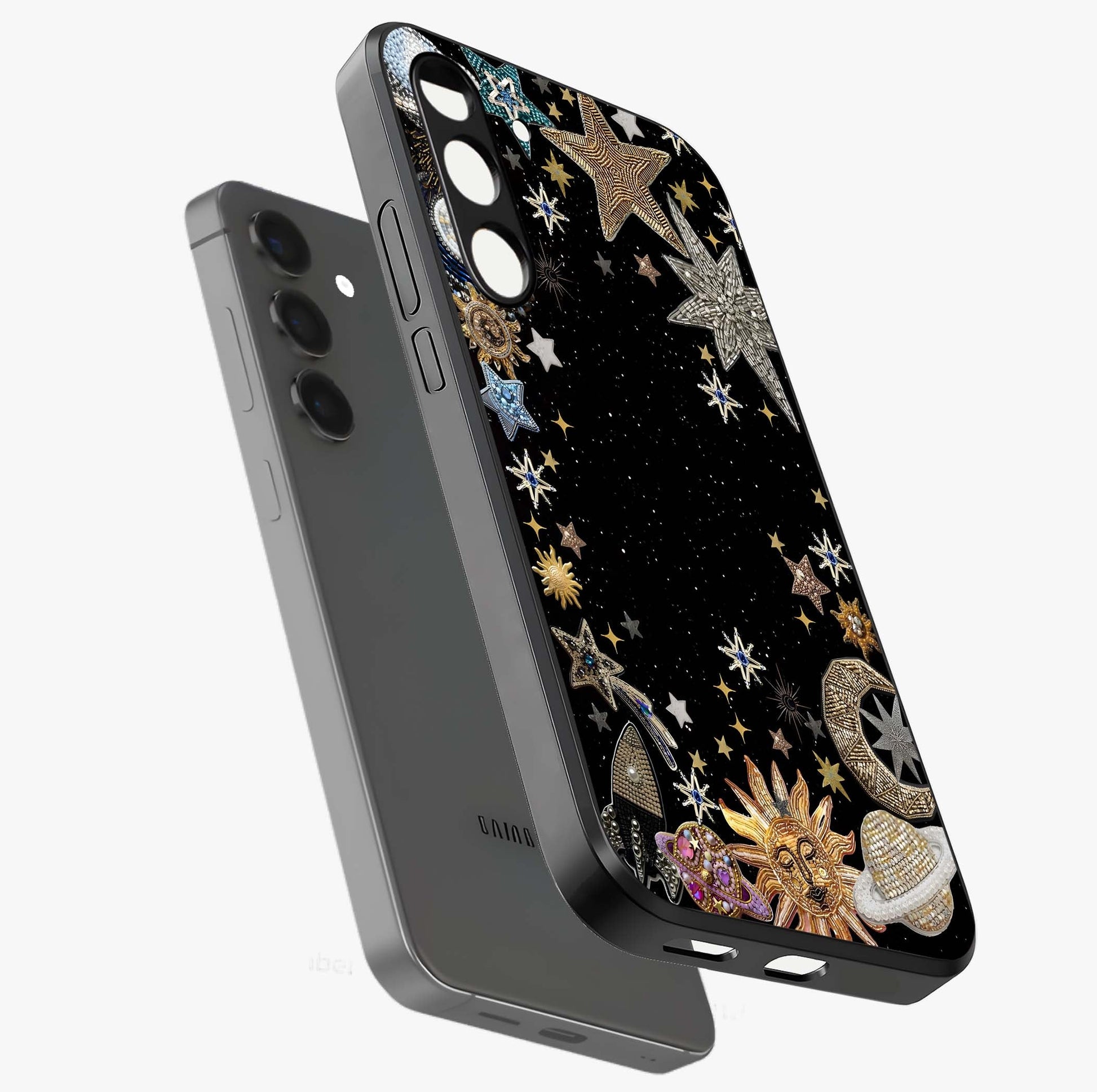 Galactic Jewel Stars Glass Case displayed in angled mockup highlighting shining celestial star design with cosmic aesthetic style.