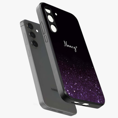 Glittery Purple Bokeh Custom Name Glass Case displayed in angled mockup highlighting glitter bokeh pattern with custom name feature.