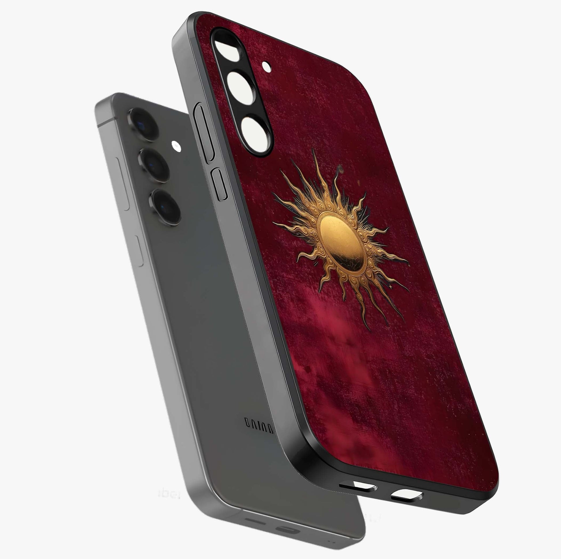 Golden Sun Minimalism Glass Case displayed in angled mockup highlighting clean sun symbol design with modern minimal aesthetic.