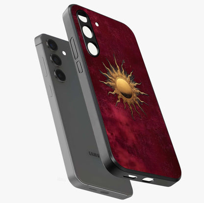 Golden Sun Minimalism Glass Case displayed in angled mockup highlighting clean sun symbol design with modern minimal aesthetic.