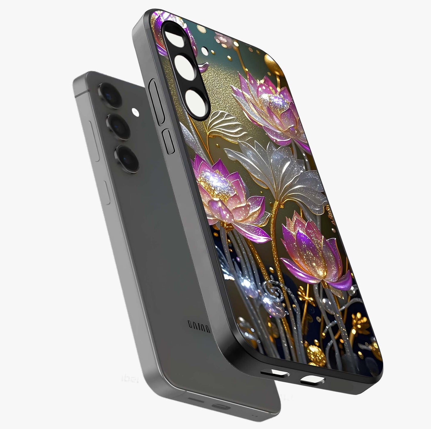 Golden Floral Majesty Glass Case displayed in angled mockup highlighting elegant flower design with royal golden aesthetic.