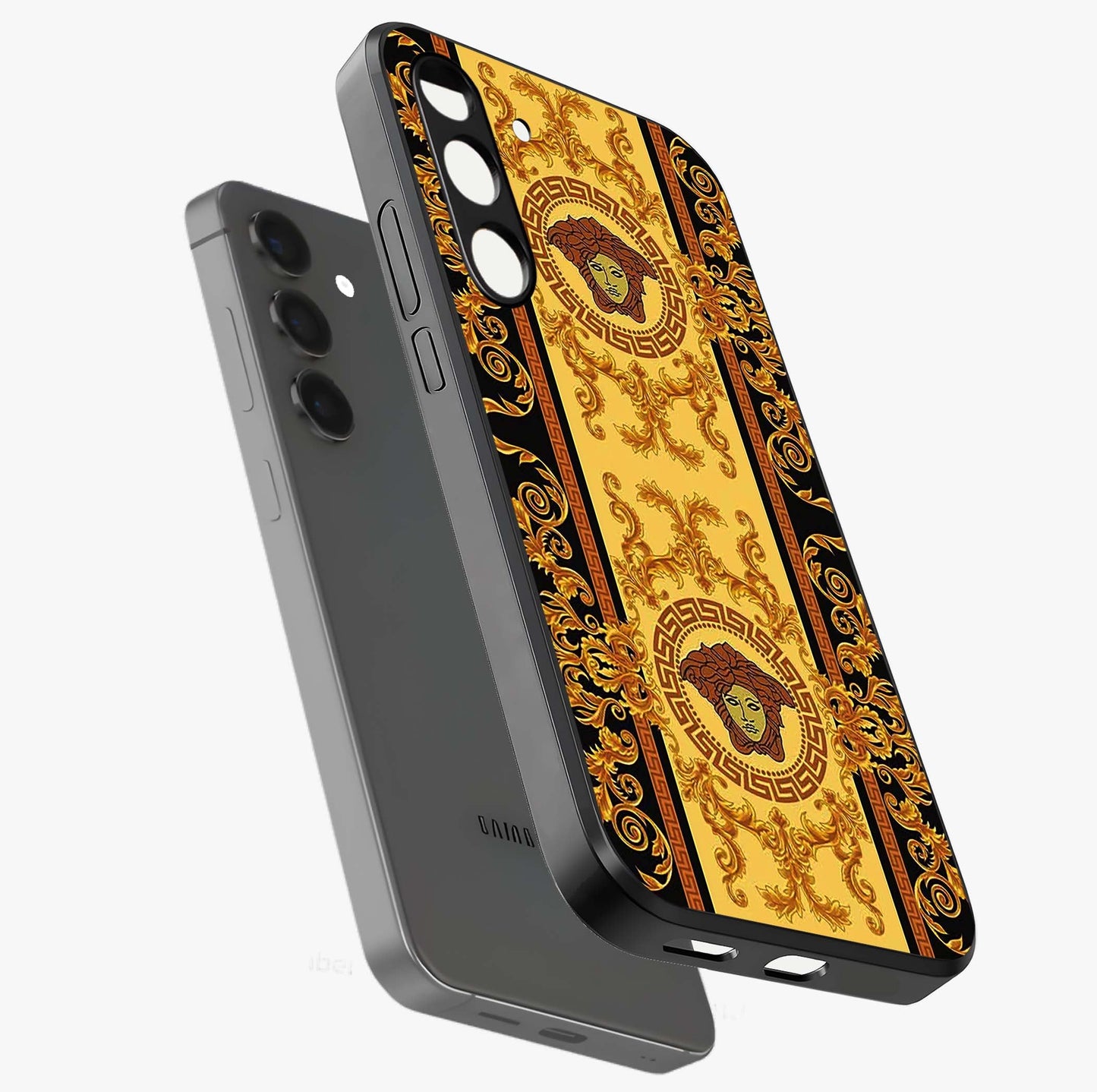Golden Lotus Glow Glass Case displayed in angled mockup highlighting radiant lotus illustration with spiritual aesthetic.