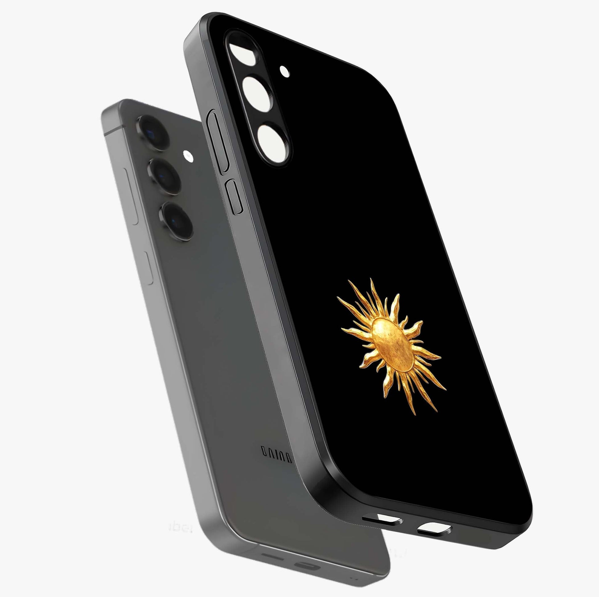 Golden Sun Minimalism Glass Case displayed in angled mockup highlighting eerie shadow illustration with gothic aesthetic.