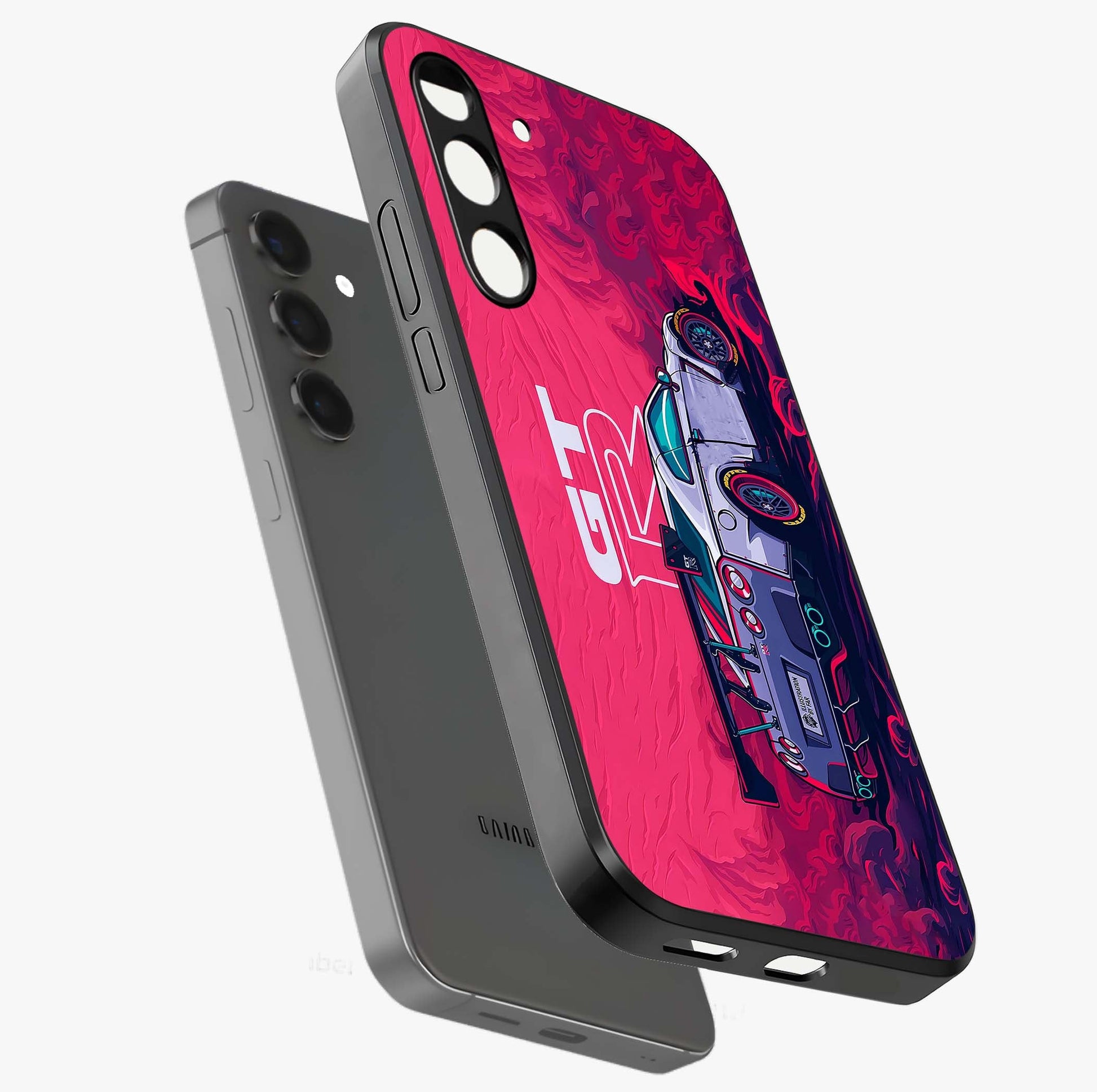 GT-R Car Pattern Glass Case displayed in angled mockup highlighting racing car graphic design with bold automotive aesthetic.