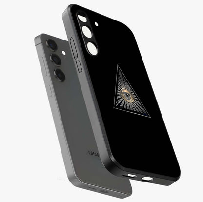 Illuminati Evil Glass Case displayed in angled mockup highlighting dark occult inspired design with bold aesthetic style.