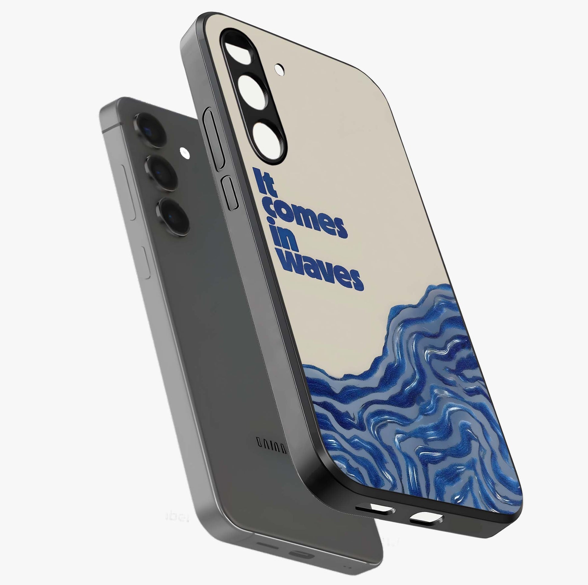 It Comes In Waves Quote Glass Case displayed in angled mockup highlighting ocean wave typography design with aesthetic style.