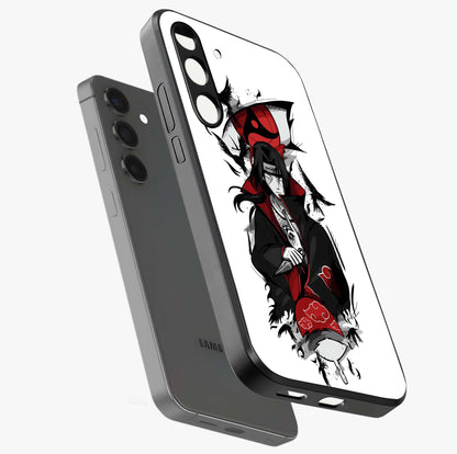 Itachi Sharingan Glass Case displayed in angled mockup highlighting striking sharingan eye design with dramatic anime aesthetic.