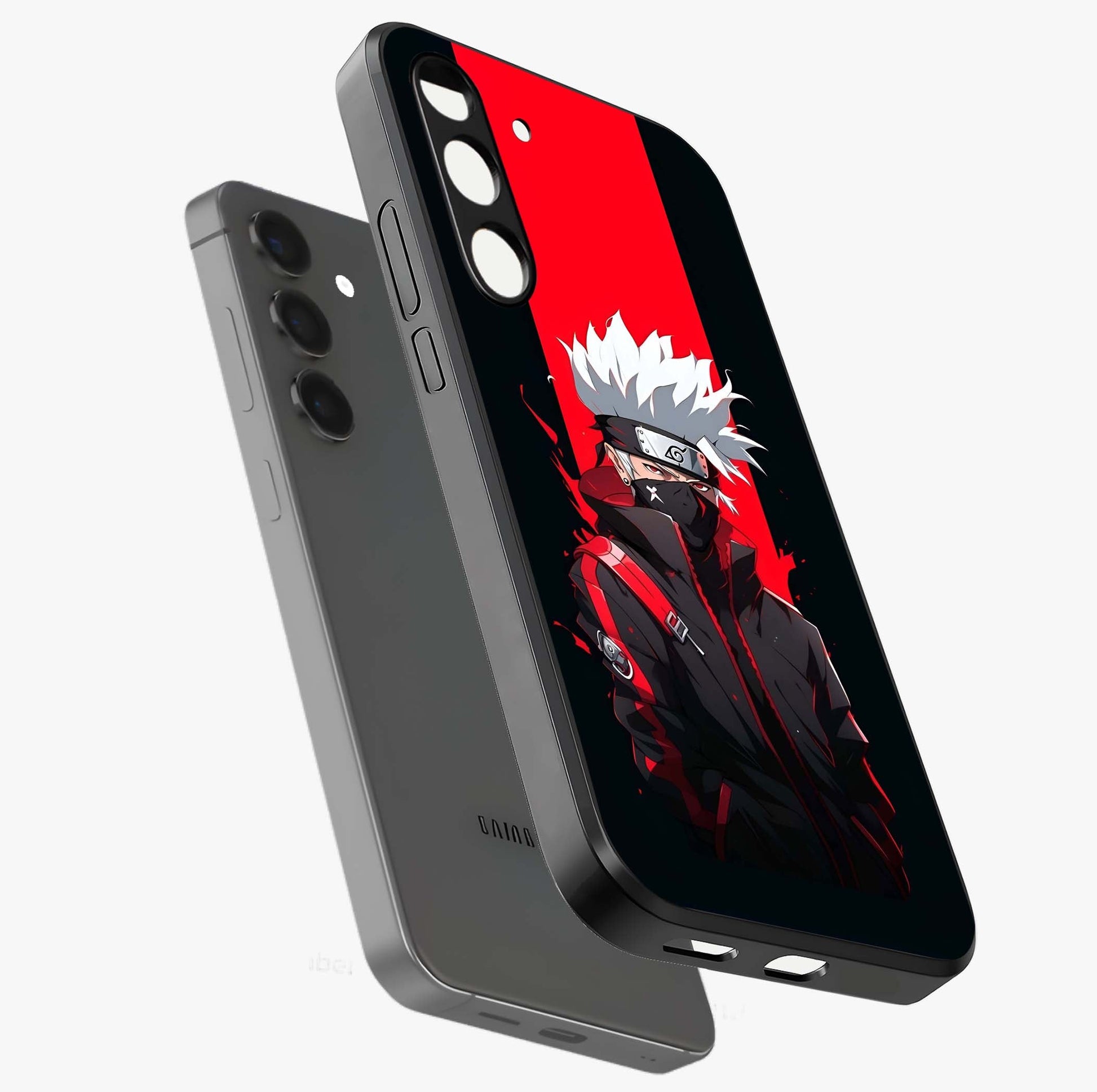 Kakashi Scarlet Shadow Glass Case displayed in angled mockup highlighting dramatic ninja illustration with scarlet themed aesthetic.