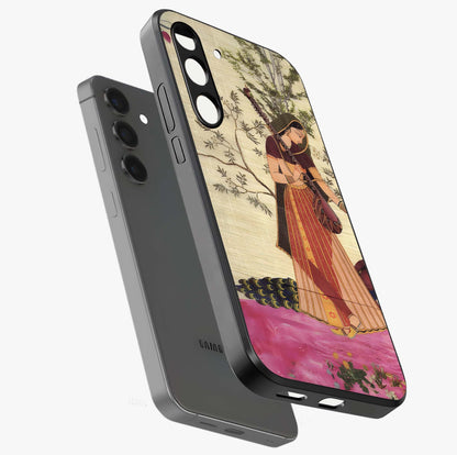 Lady With Veena Art Glass Case displayed in angled mockup highlighting graceful musical illustration with cultural artistic aesthetic.