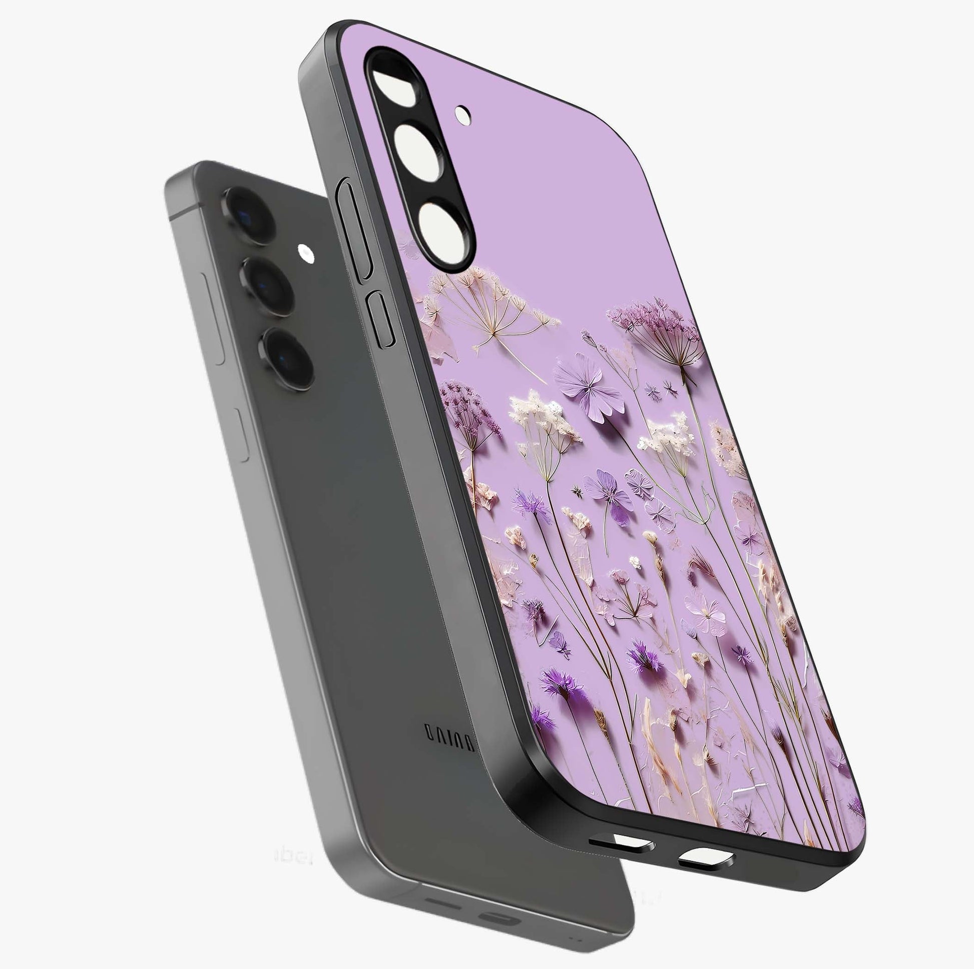Lavender Blossom Dream Glass Case displayed in angled mockup highlighting dreamy lavender flower design with calming aesthetic style.