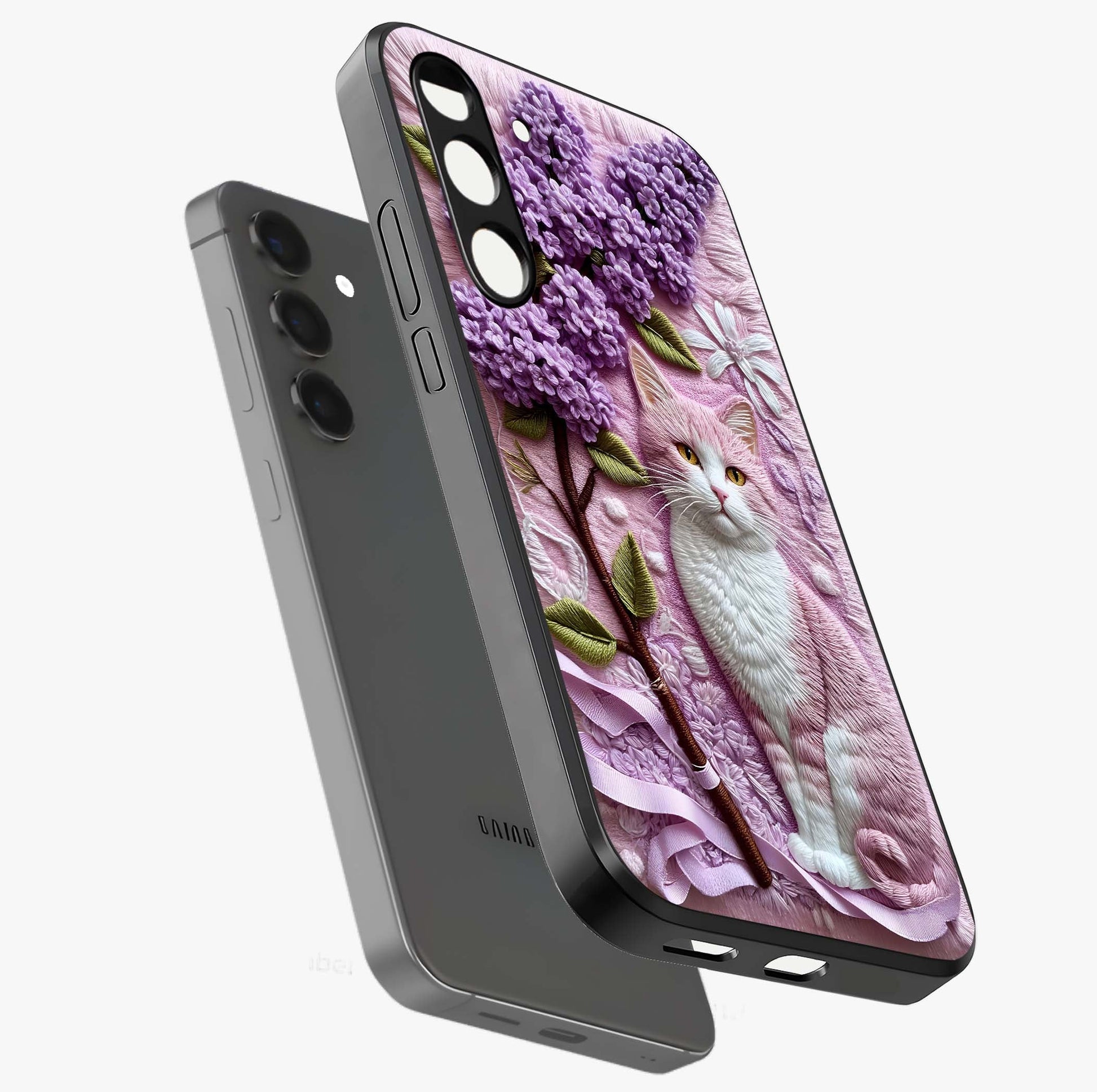 Lavender Cat Whimsy Glass Case displayed in angled mockup highlighting playful feline illustration with pastel lavender aesthetic.