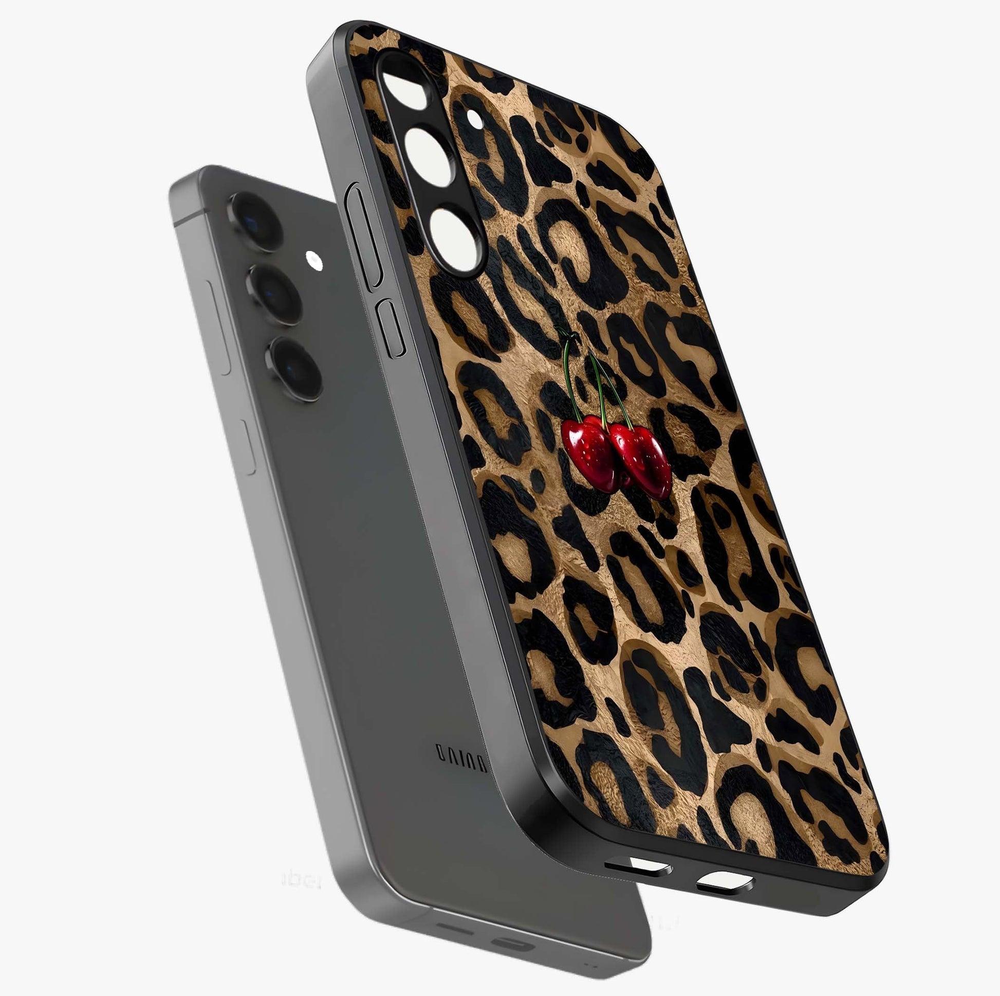 Leopard Wild Cherry Glass Case displayed in angled mockup highlighting bold animal print design with playful cherry aesthetic.