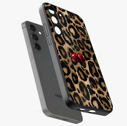 Leopard Wild Cherry Glass Case displayed in angled mockup highlighting bold animal print design with playful cherry aesthetic.