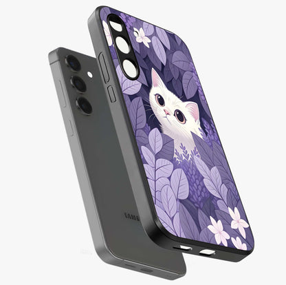 Lilac Hide Peek Cat Glass Case displayed in angled mockup highlighting playful feline illustration with lilac aesthetic design.