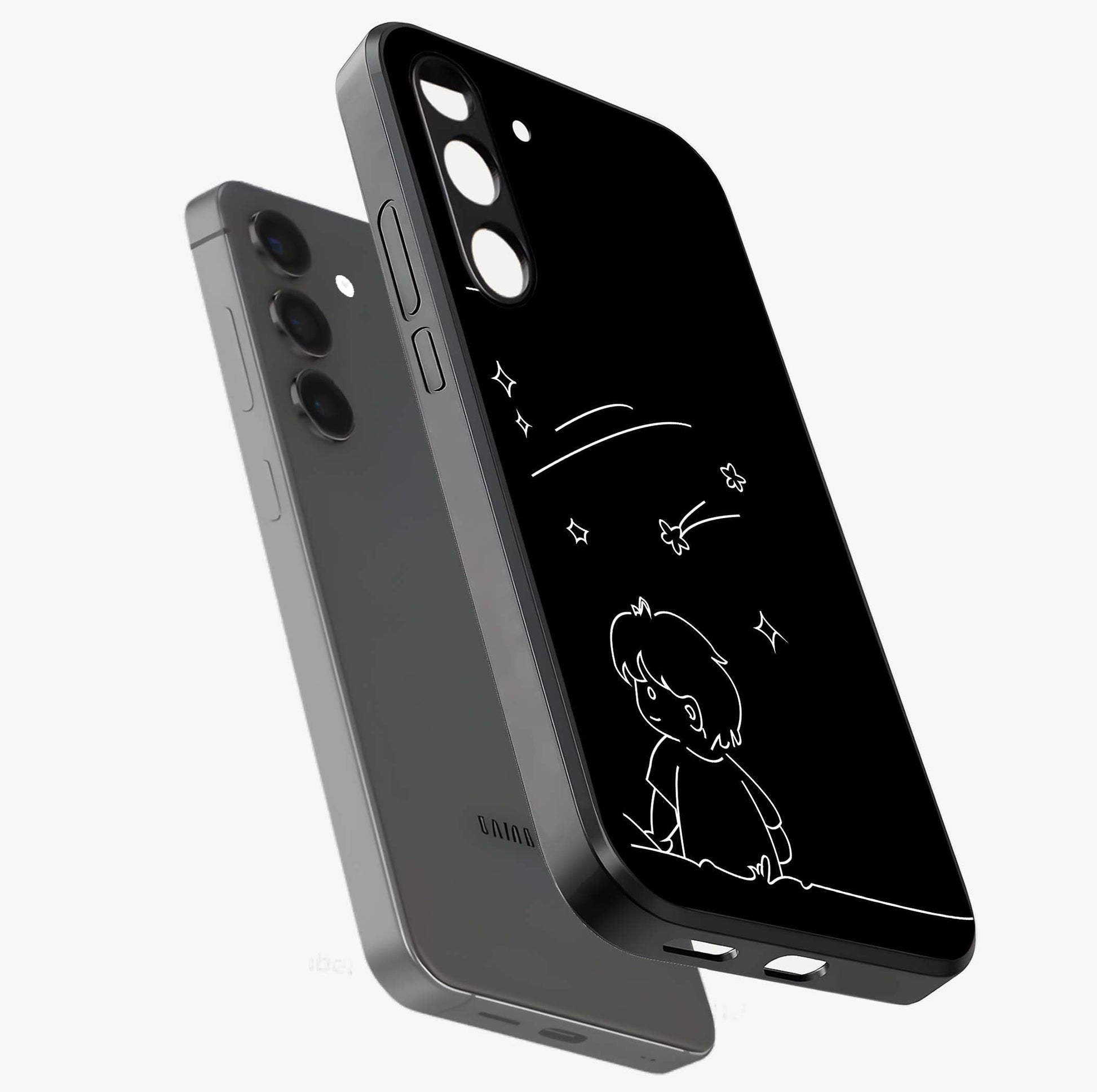 Line Art Boy With Shooting Stars Glass Case displayed in angled mockup highlighting elegant line art design with dreamy star aesthetic.