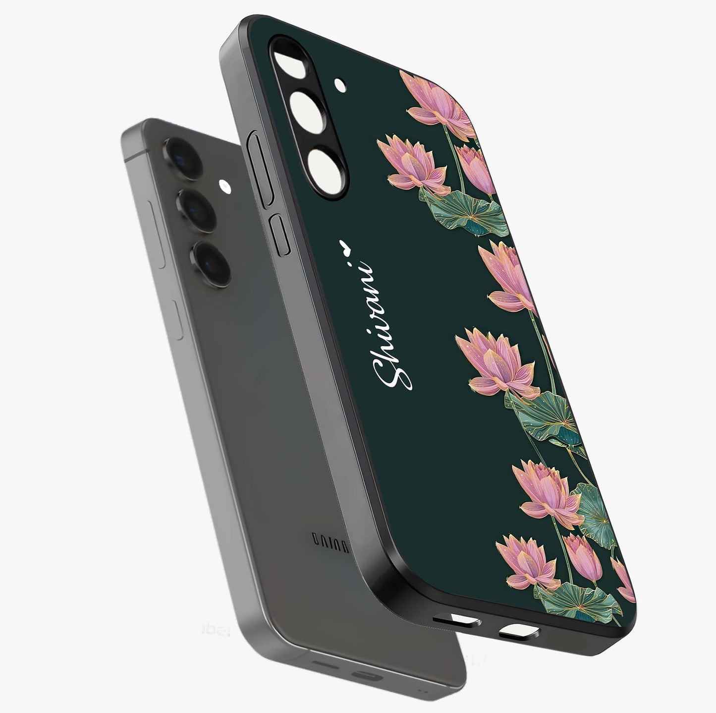 Lotus Bloom Serenity Custom Name Glass Case displayed in angled mockup highlighting graceful lotus illustration with custom name feature.