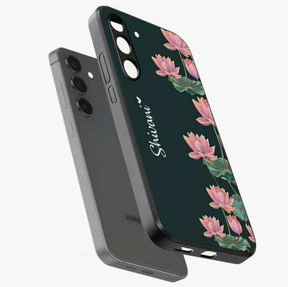 Lotus Bloom Serenity Custom Name Glass Case displayed in angled mockup highlighting graceful lotus illustration with custom name feature.
