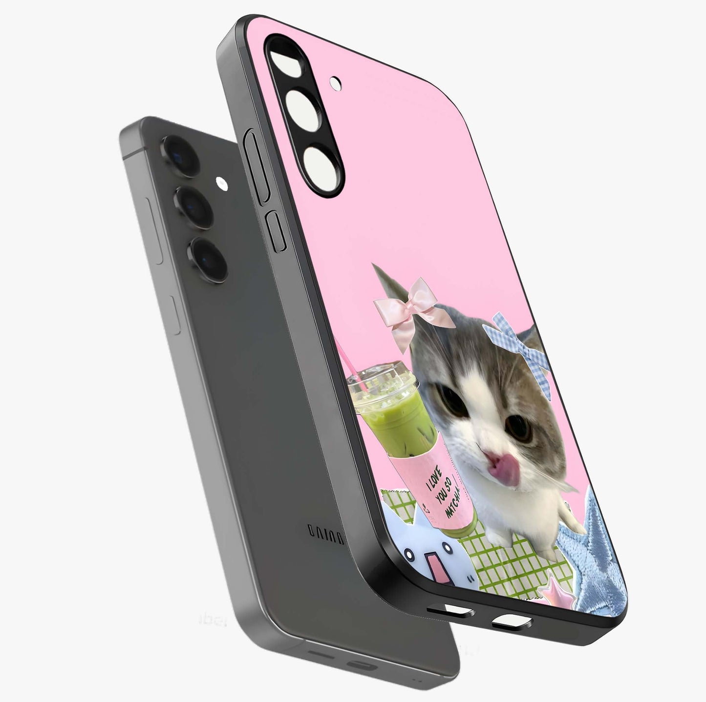 Love Matcha Cat Glass Case displayed in angled mockup highlighting playful feline illustration with cozy matcha aesthetic.