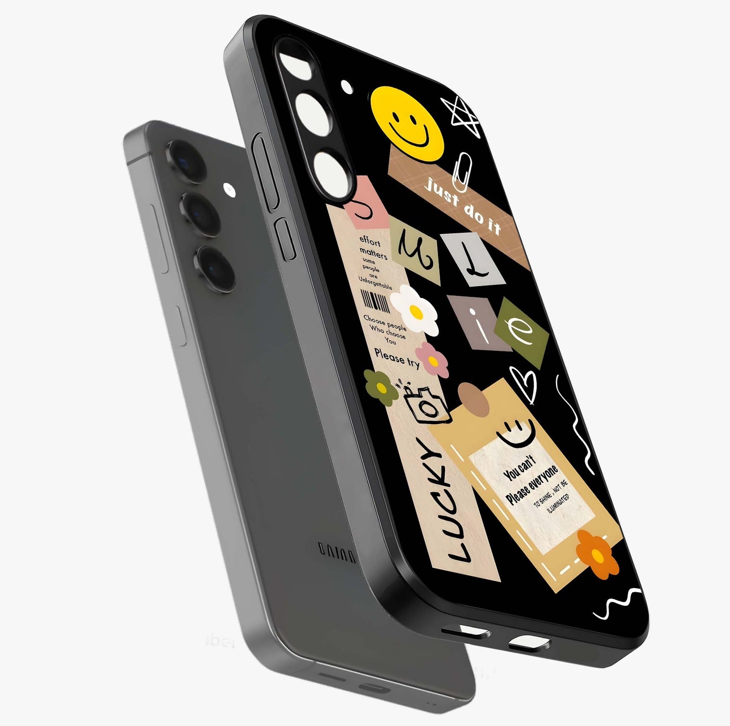 Lucky Aesthetic Collage Glass Case displayed in angled mockup highlighting stylish collage pattern with modern aesthetic vibe.