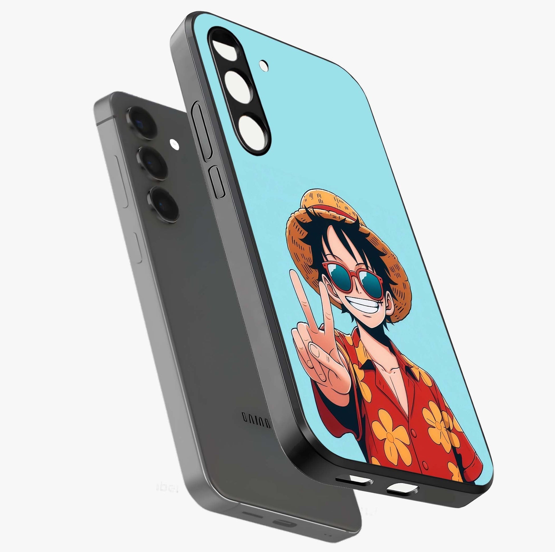 Luffy Summer Anime Vibe Glass Case displayed in angled mockup highlighting energetic anime illustration with summer vibe aesthetic.