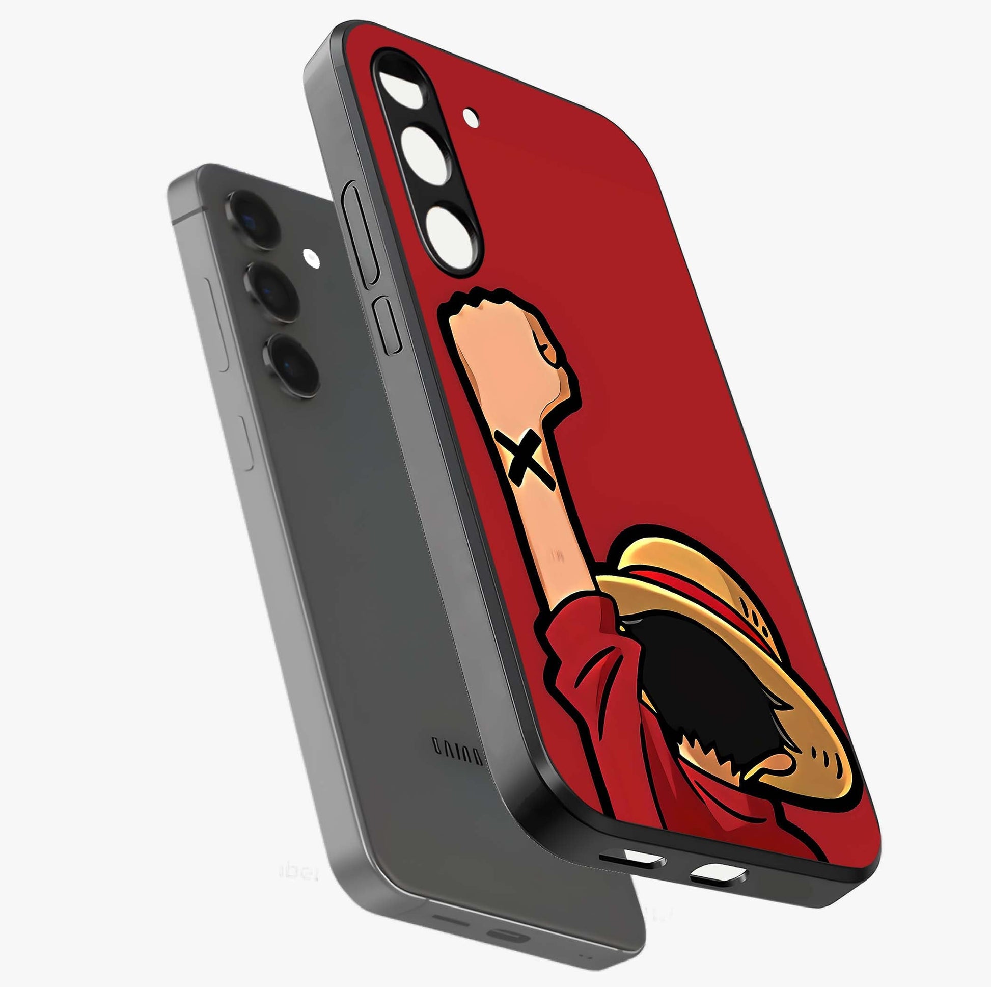 Luffy X Spirit Glass Case displayed in angled mockup highlighting powerful anime design with energetic action aesthetic.