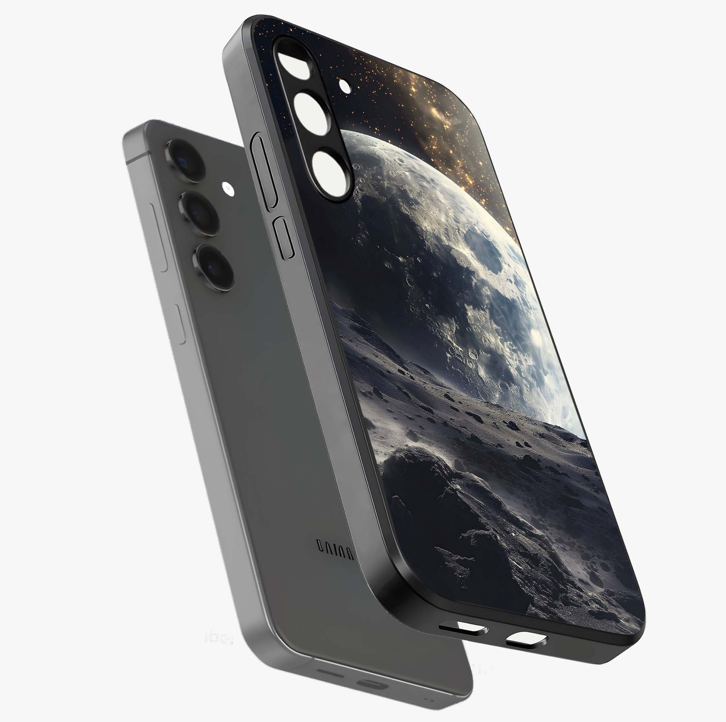Lunar Horizon Glow Glass Case displayed in angled mockup highlighting celestial moon design with dreamy night aesthetic.