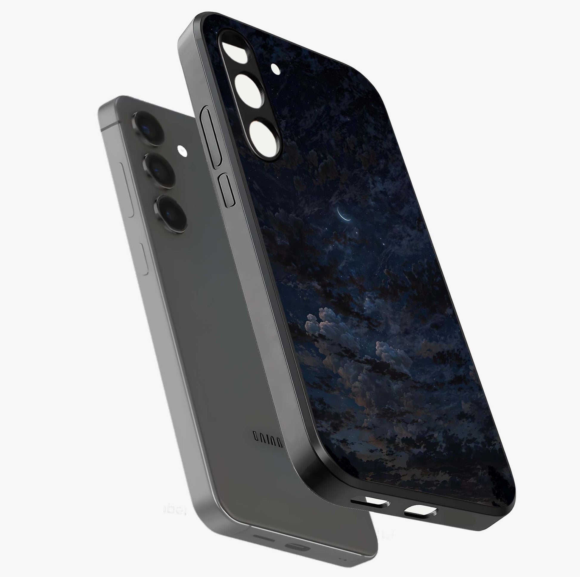 Lunar Veil Silence Glass Case displayed in angled mockup highlighting soft lunar design with peaceful celestial aesthetic.
