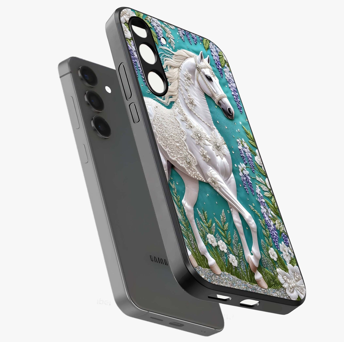 Majestic Floral Stallion Glass Case displayed in angled mockup highlighting majestic stallion illustration with elegant floral aesthetic.