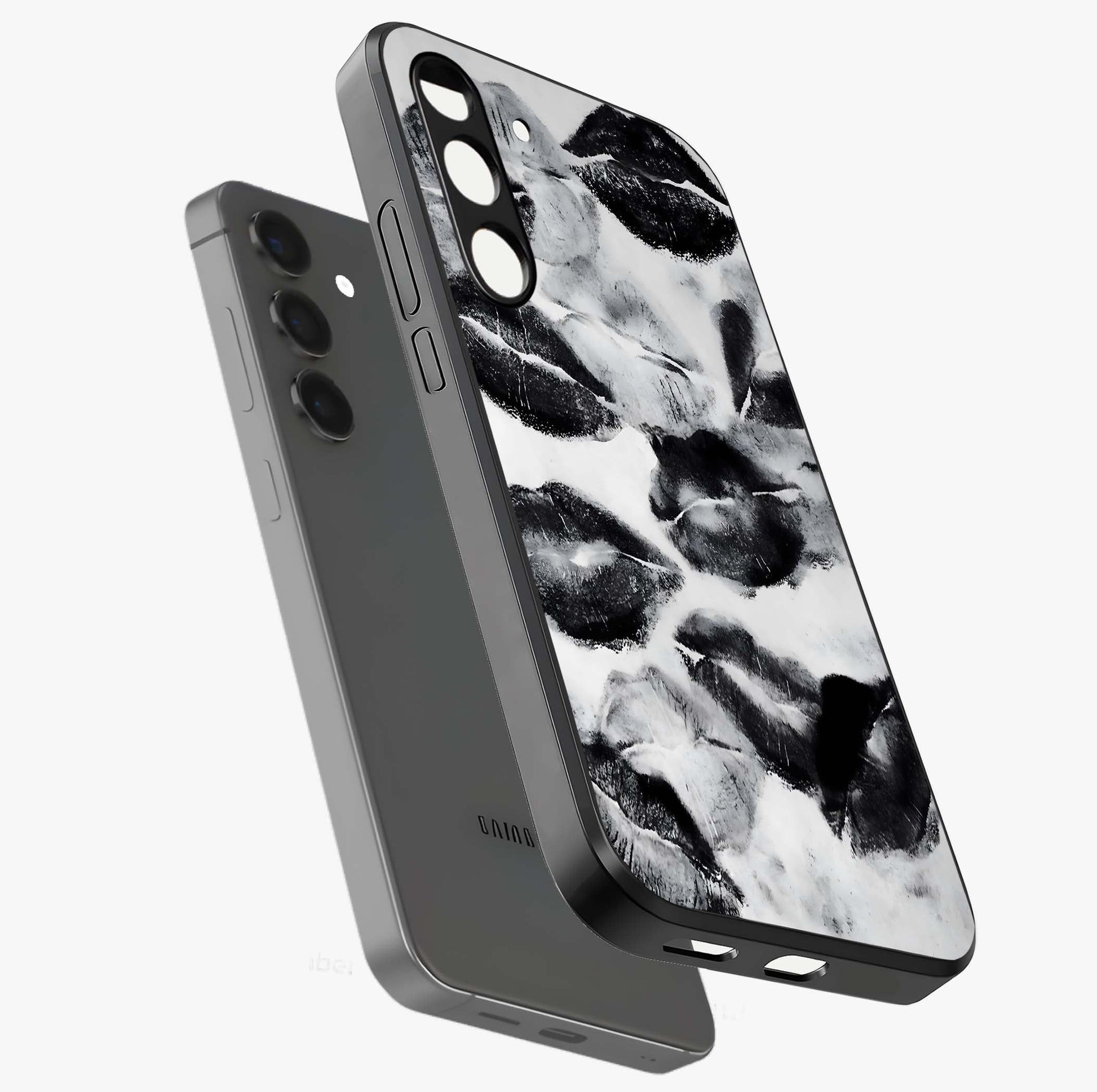 Midnight Kiss Marks Glass Case displayed in angled mockup highlighting playful romantic design with bold midnight aesthetic.