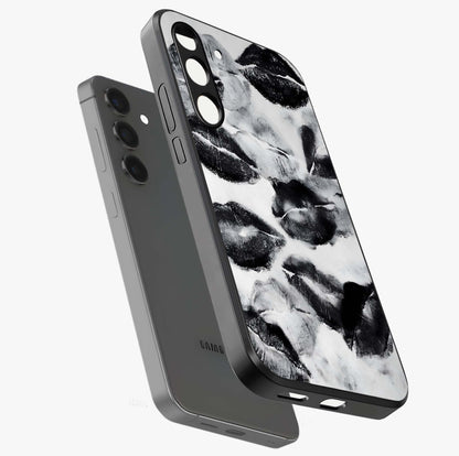Midnight Kiss Marks Glass Case displayed in angled mockup highlighting playful romantic design with bold midnight aesthetic.
