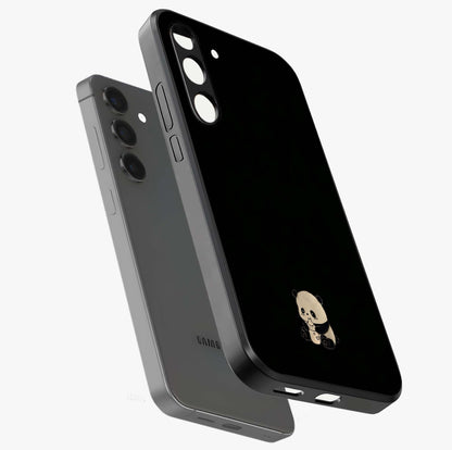 Midnight Panda Love Glass Case displayed in angled mockup highlighting adorable panda illustration with midnight aesthetic.