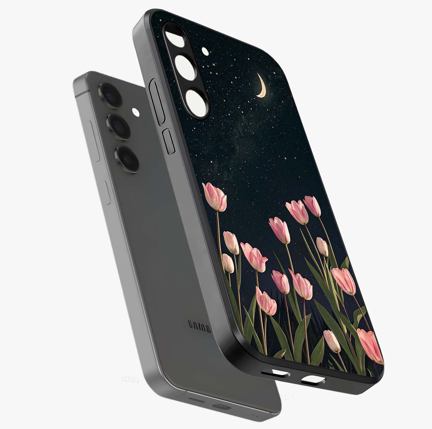 Midnight Tulip Whispers Vibe Glass Case displayed in angled mockup highlighting delicate tulip design with midnight floral aesthetic.