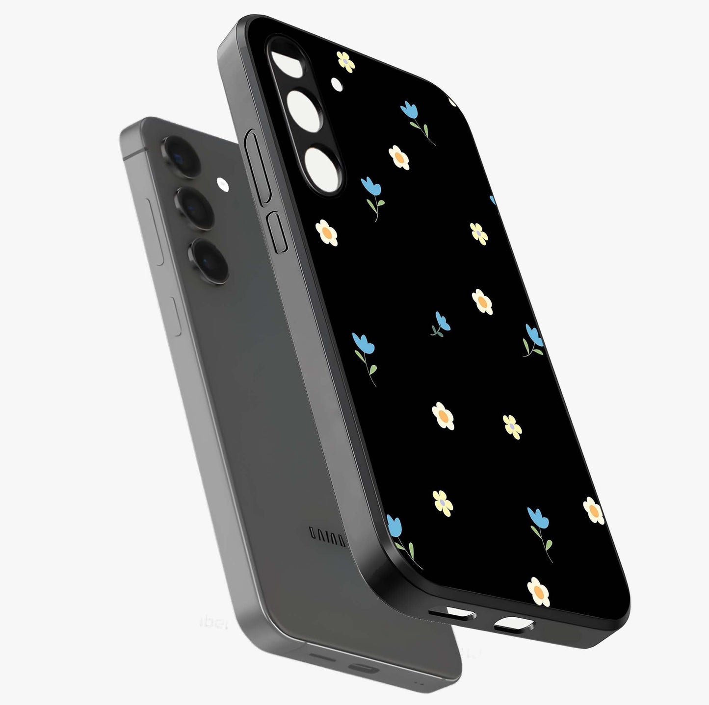 Minimal Petal Whispers Glass Case displayed in angled mockup highlighting delicate petal design with clean minimal aesthetic.