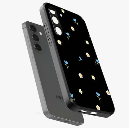 Minimal Petal Whispers Glass Case displayed in angled mockup highlighting delicate petal design with clean minimal aesthetic.
