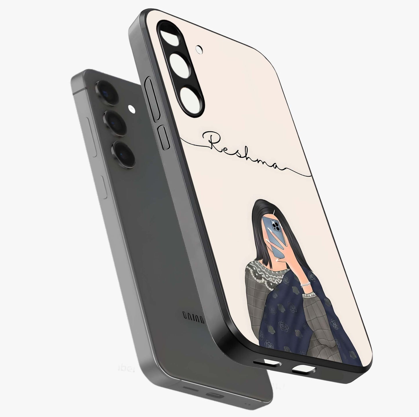 Mirror Mood Muse With Custom Name Glass Case displayed in angled mockup highlighting aesthetic mirror inspired design with custom name feature.