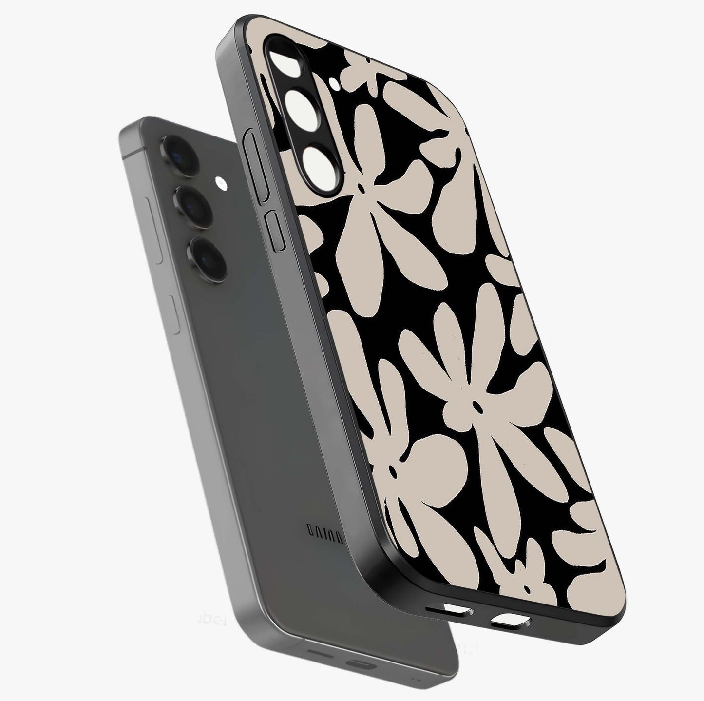 Monochrome Petal Dance Glass Case displayed in angled mockup highlighting elegant petal design with black and white aesthetic.