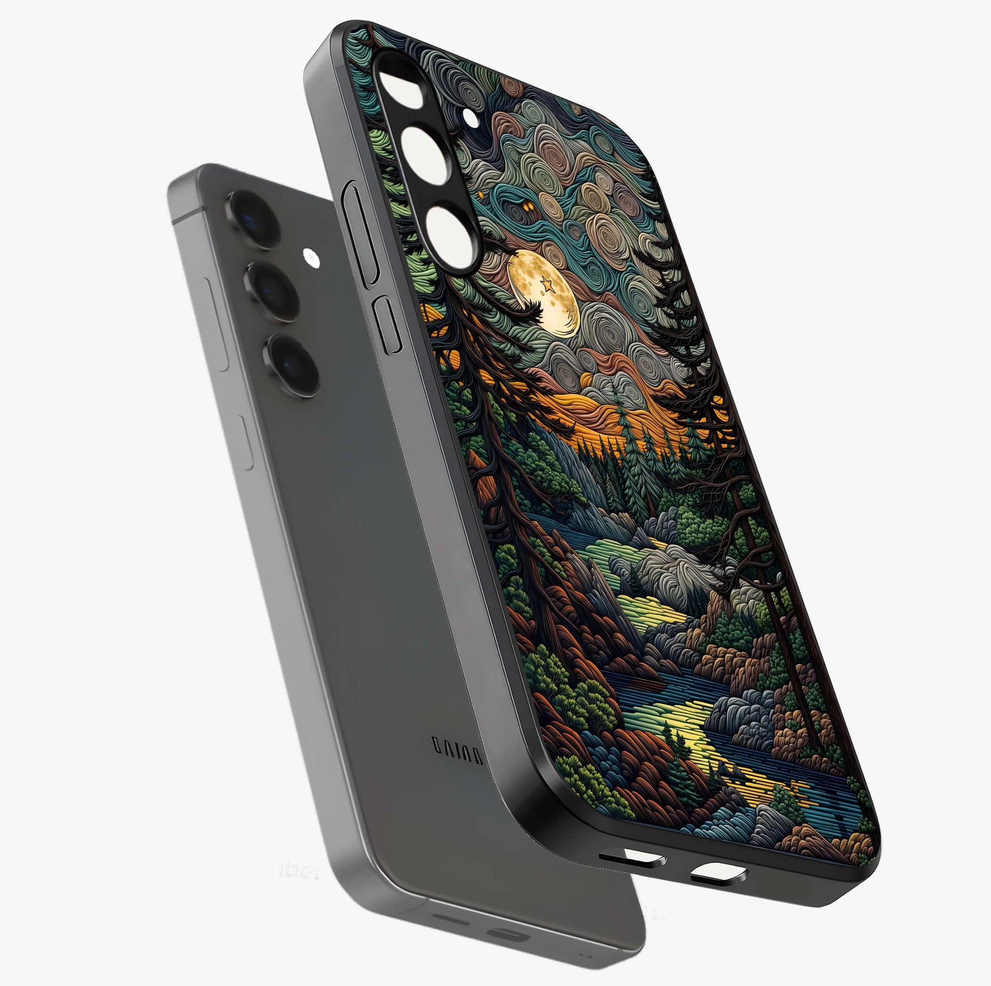 Moonlight Forest Dream Glass Case displayed in angled mockup highlighting dreamy forest design with glowing moon aesthetic.